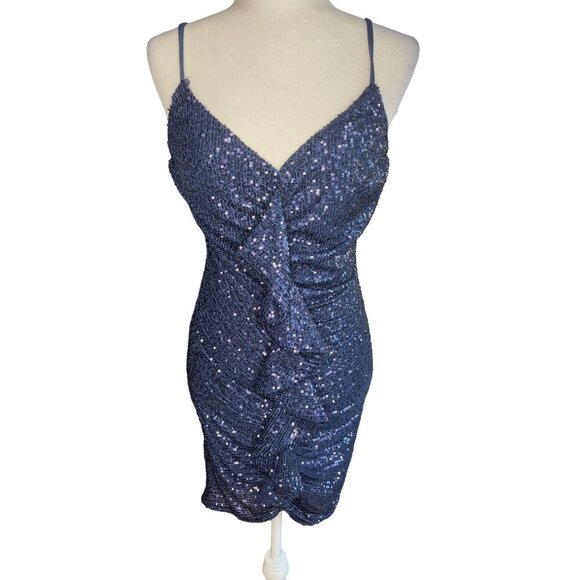 Cefian Blue Sequin Mini Dress With Adjustable Straps & Back Zipper Size M - Picture 1 of 8